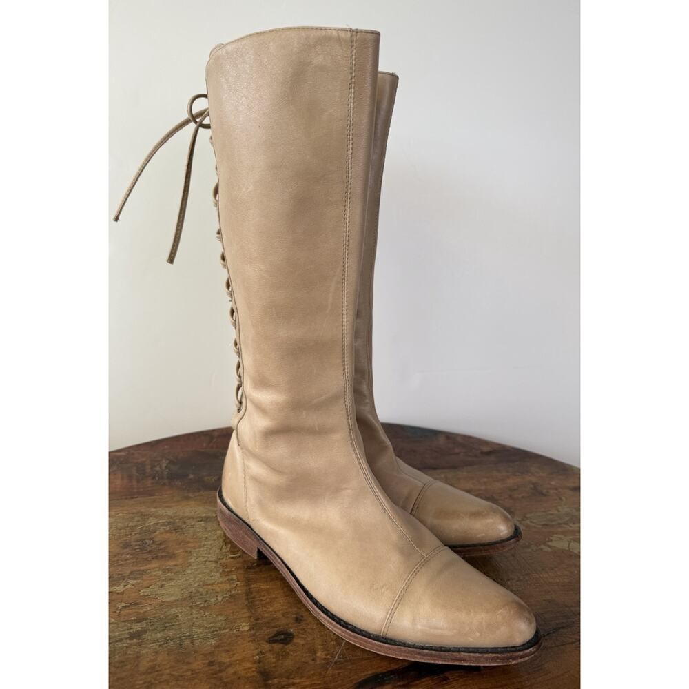 Gee WaWa Women’s Leather Knee High Riding Boots Lace Up Back Vero Cuoio Sz 7